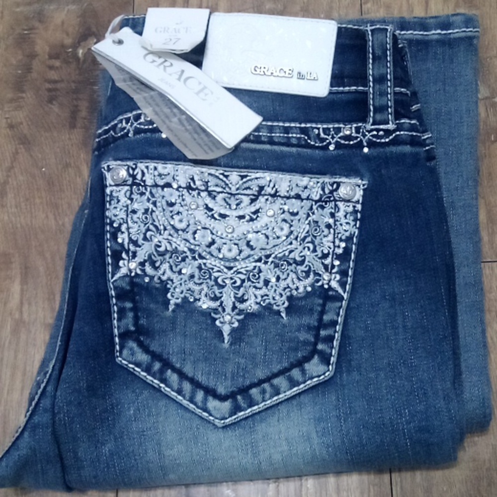 Grace in LA Women's 27 Boot Cut Embroidered Rhinestones NWT